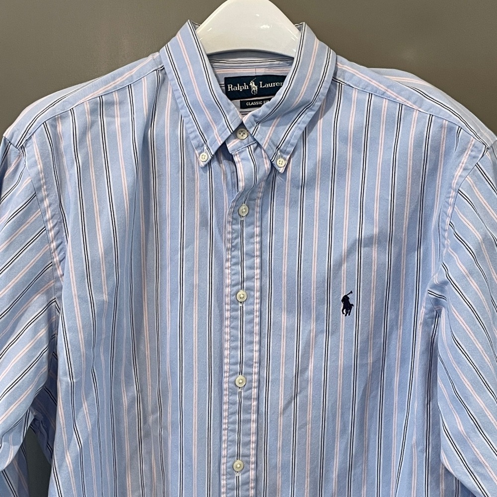 Ralph Lauren Classic Fit Striped Oxford Shirt Blue Pink Mens Large